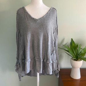 Free People Frayed Hem Oversized V Neck Gray Thermal Size Small
